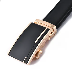 Men's black leather belt featuring a luxury gold automatic buckle with brushed finish