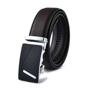 Detailed close-up of dark brown leather belt with automatic buckle and lychee texture