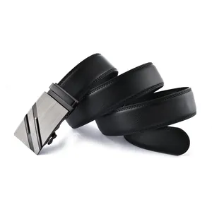 Men's black leather belt with lychee texture and brushed silver automatic buckle