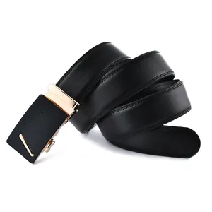 Detailed close-up of a men's black leather belt featuring a geometric gold automatic buckle