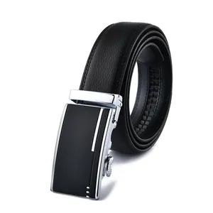 Men's black leather automatic buckle belt with lychee texture and silver metal buckle