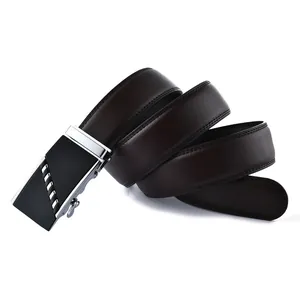 Detail of dark brown lychee grain leather belt with silver automatic buckle on white background