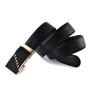 Classic black leather belt for men with automatic gold and black metal buckle
