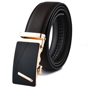 Men's business automatic buckle leather belt with matte black and gold geometric design