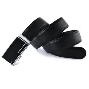 Men's business black leather belt with silver automatic buckle on a clean white background