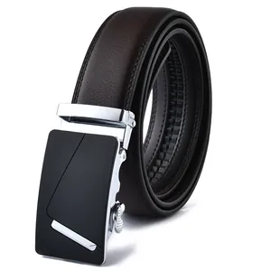 Men's dark brown leather belt with black automatic buckle and textured lychee pattern finish