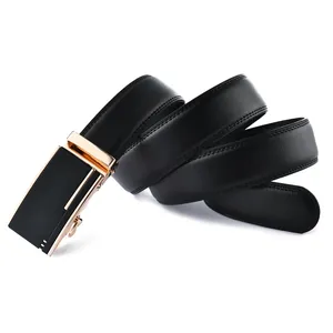 Detail view of men's leather belt featuring a golden automatic buckle and black strap