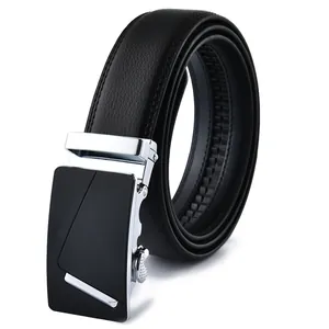 Men's automatic buckle leather belt with black lychee texture and metallic silver buckle