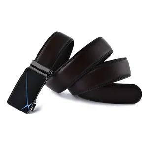 Men's dark brown leather belt with black automatic buckle and blue cross pattern