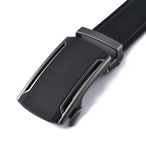 Men's automatic buckle leather belt in black with matte metal hardware and stitching