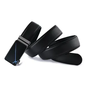 Detail of men's leather belt with black automatic buckle and blue star pattern motif