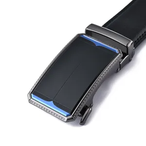 Men's business automatic buckle leather belt with gray metal head and blue accents