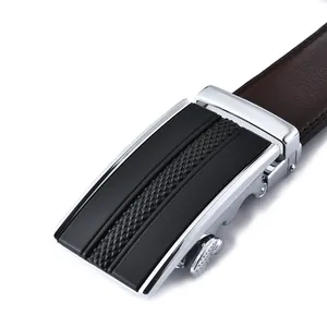 Ceinture homme en cuir véritable à boucle automatique argentée avec sangle marron