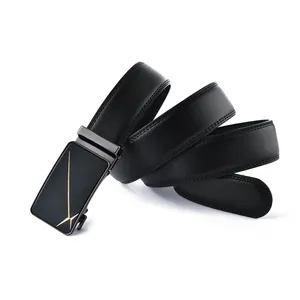 Men's black leather belt with automatic buckle and gold star design in a coiled view