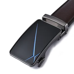 Close-up of men's leather belt with black automatic buckle and blue X-shaped design