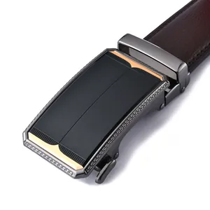 Men's dark brown leather belt with automatic grey metal buckle and geometric pattern