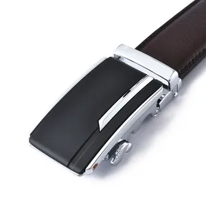 Men's leather business belt with dark brown leather strap and silver-black automatic buckle