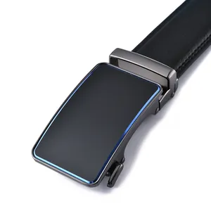 Detail of automatic buckle men's leather belt with gunmetal finish and blue stripe