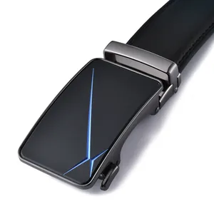 Men's leather automatic buckle belt with black polished metal and blue geometric accents