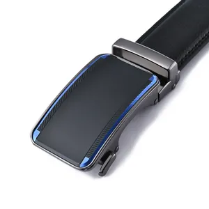 Ceinture pour hommes en cuir noir avec boucle automatique, métal gris et bande bleue
