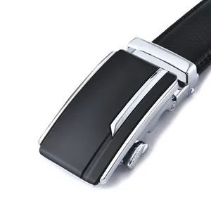 Men's automatic buckle genuine leather belt with black lychee texture and silver metal head
