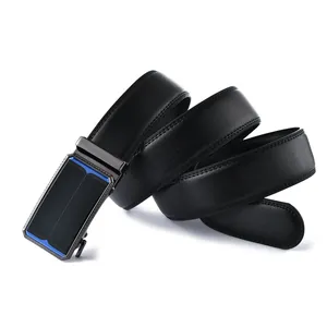 Close-up of men's leather belt featuring black lychee texture and blue automatic buckle