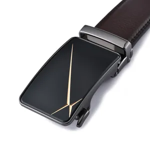 Men's leather belt with automatic buckle featuring golden geometric lines and lychee pattern