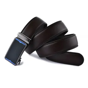 Detailed macro view of dark brown leather belt with metal automatic buckle and blue inlay