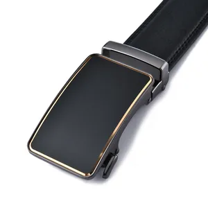 Detailed close-up of a men's business belt featuring a black matte automatic metal buckle
