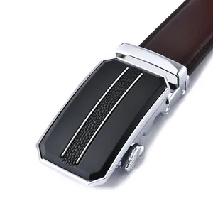 Men's business automatic buckle belt in dark brown leather with silver metal buckle