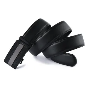 Detail of black leather men's belt with honeycomb textured automatic buckle and dual stitching