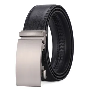 Men's premium black leather belt with brushed silver automatic buckle on white background