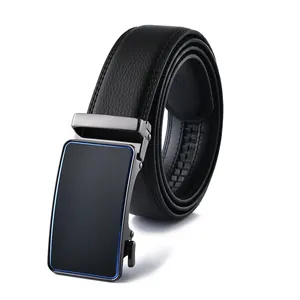 Detail of black leather belt with automatic buckle featuring a blue trim accent