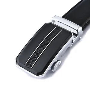Men's black leather belt with automatic silver buckle featuring scale pattern inlay