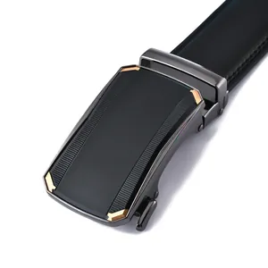 Business belt for men with black leather strap and gun-metal automatic buckle