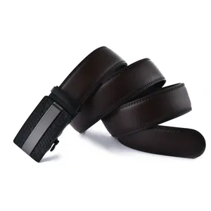 Macro shot of dark brown leather belt with black honeycomb textured automatic buckle
