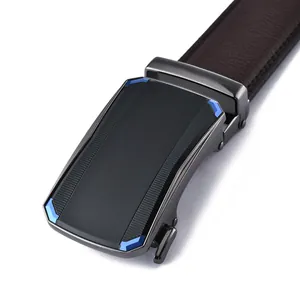 Detail of men's brown leather belt showing automatic buckle with blue geometric accents