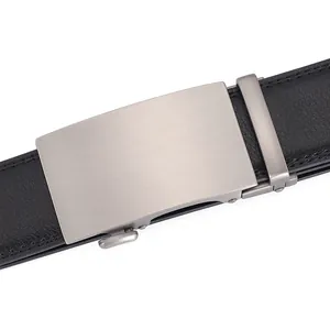 Classic men's black leather belt with a silver brushed metal automatic buckle design