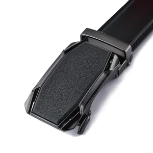Men's leather belt with matte black automatic buckle and precision stitching on white background