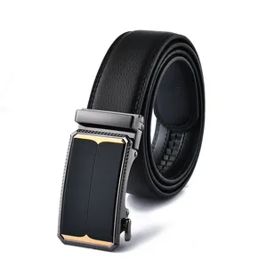 Men's black leather belt with automatic alloy buckle and elegant gold-tone accents