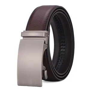 Men's brown genuine leather belt with silver automatic buckle and lychee texture