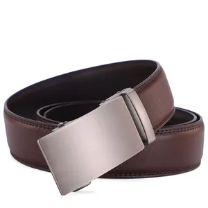 Premium men's dark brown leather belt featuring a matte brushed metal automatic buckle