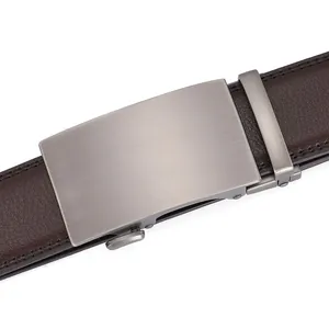 Close-up of men's dark brown leather belt with brushed metal automatic buckle detail