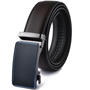 Men's business genuine leather belt with an automatic metal buckle on a white background