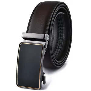 Men's dark brown leather belt with black brushed automatic buckle and gold trim