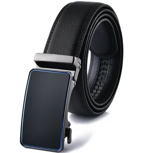 Men's business casual automatic buckle leather belt with gunmetal finish and blue accent