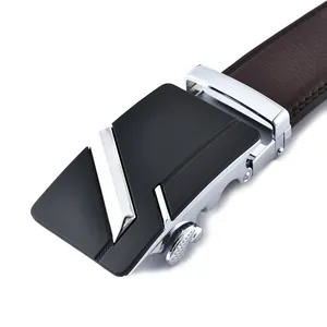 Men's automatic leather belt with business alloy buckle and brown strap on white background