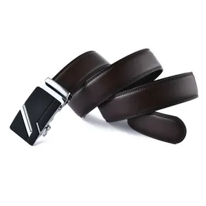 Men's dark brown leather belt with black and silver automatic buckle on white background