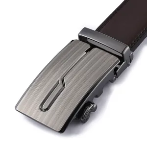 Business casual automatic buckle leather belt with dark gray brushed metal finish