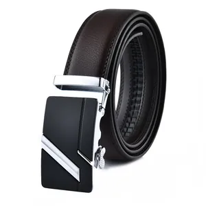 Detail view of coffee leather belt with automatic alloy buckle and litchi texture